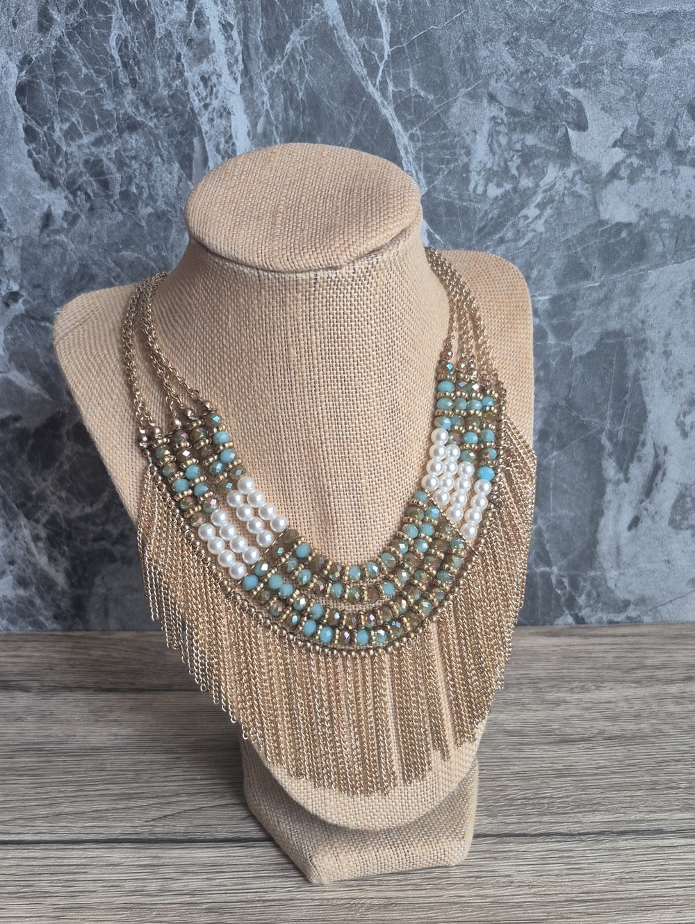 Gold Fringe Statement Necklace with Turquoise and Pearl Beads Set With Earrings